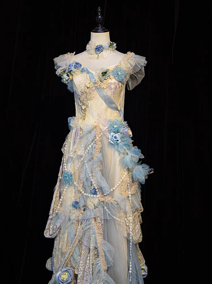 Blue Retro Floral Princess Dress