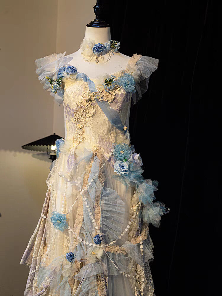 Blue Retro Floral Princess Dress