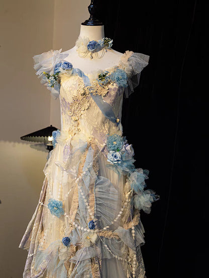 Blue Retro Floral Princess Dress