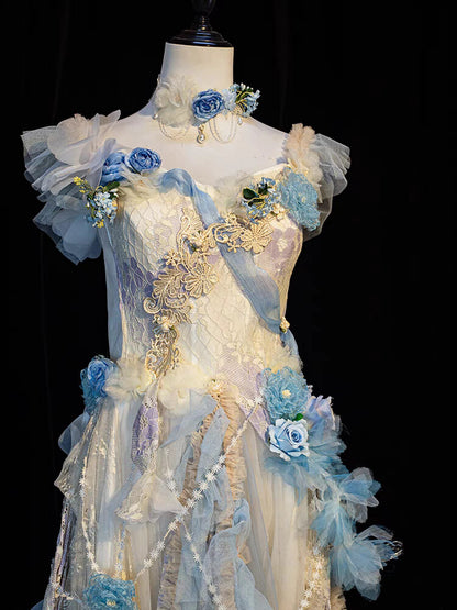 Blue Retro Floral Princess Dress