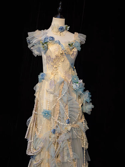 Blue Retro Floral Princess Dress