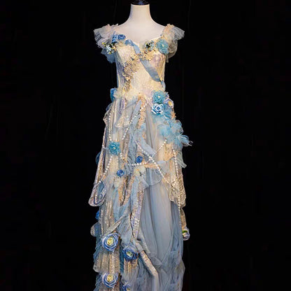 Blue Retro Floral Princess Dress
