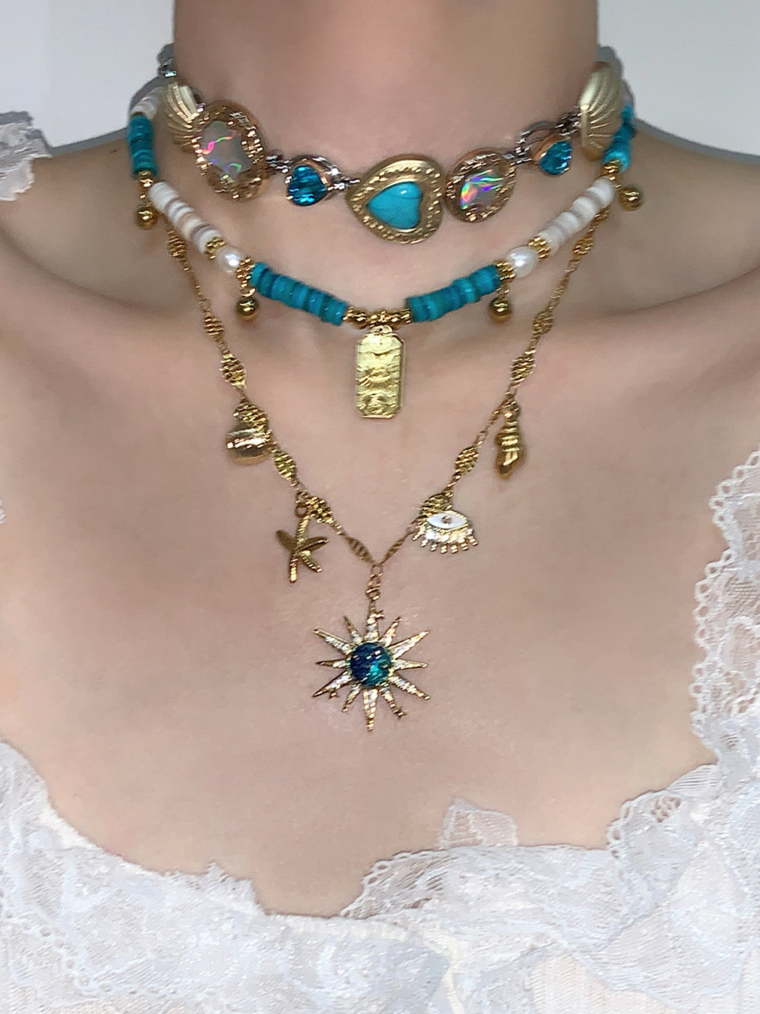 Blue Rhapsody Sun Button Layered Choker Necklace