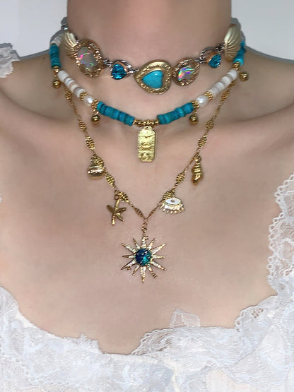 Blue Rhapsody Sun Button Layered Choker Necklace