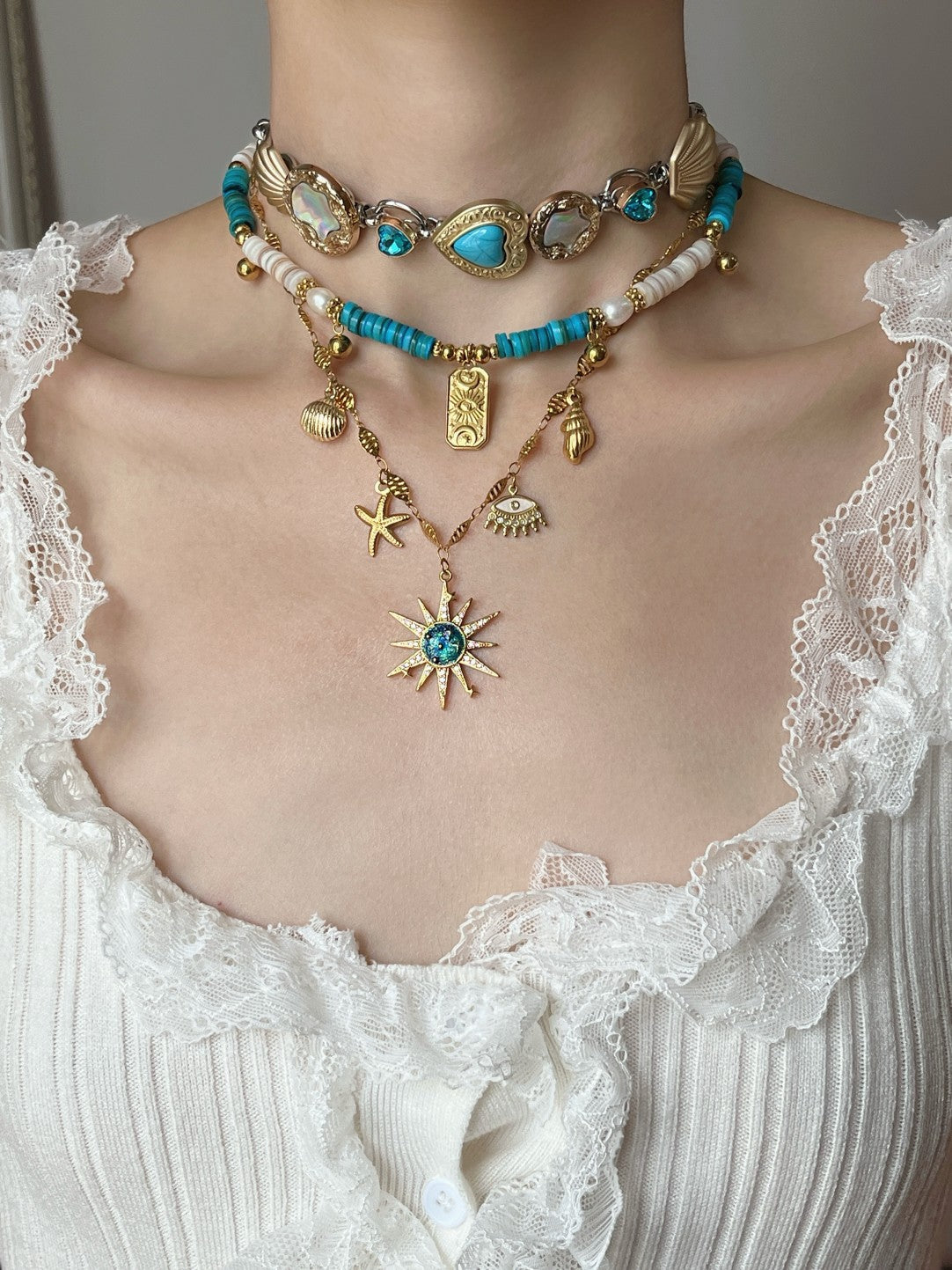 Blue Rhapsody Sun Button Layered Choker Necklace