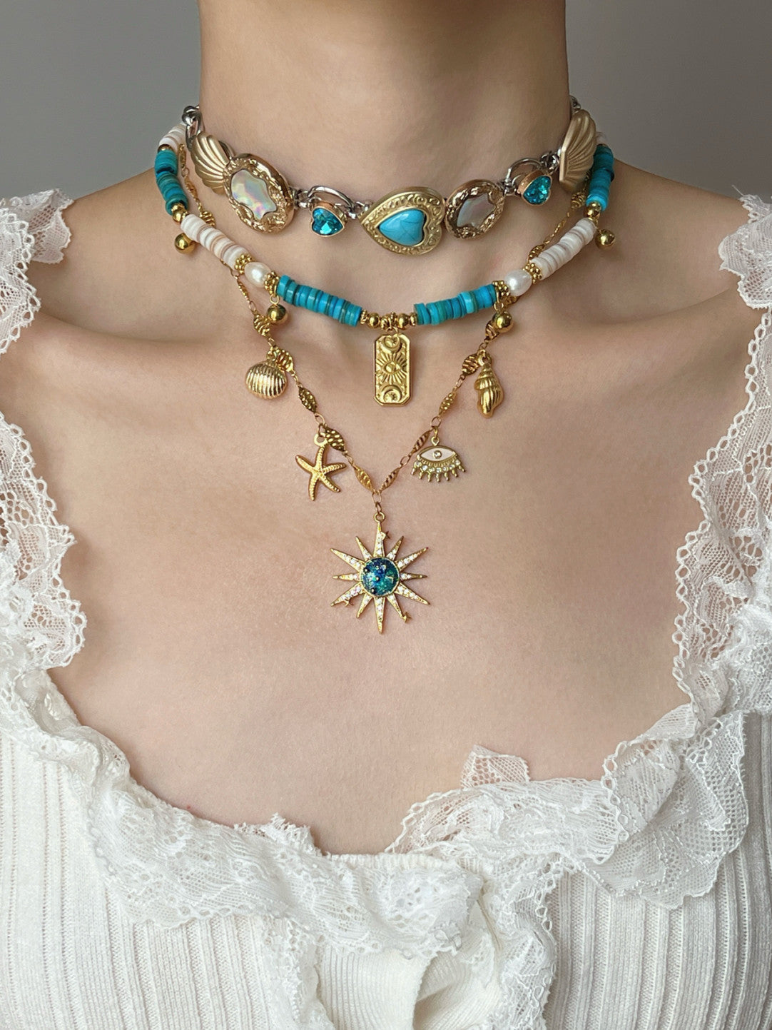 Blue Rhapsody Sun Button Layered Choker Necklace