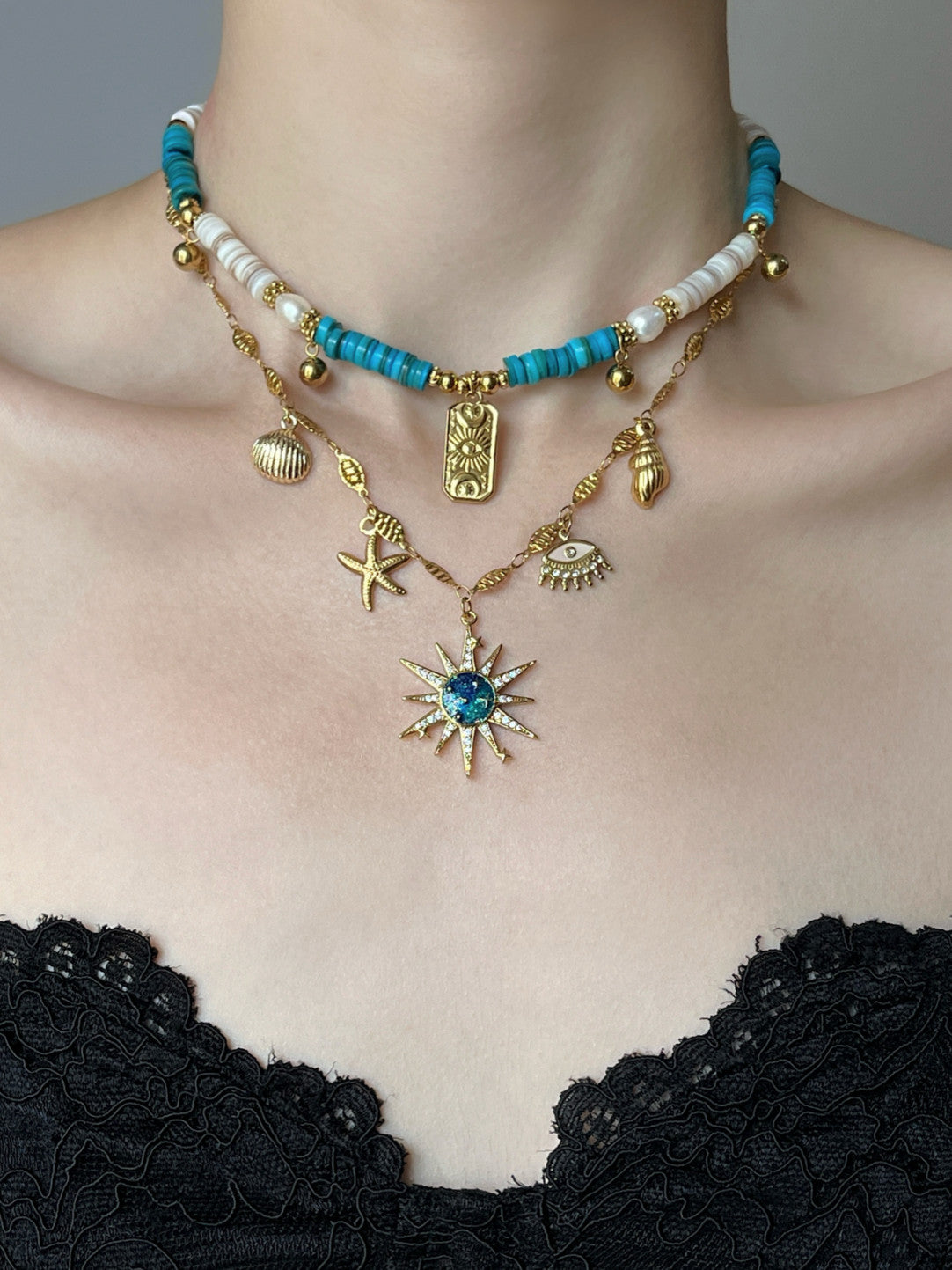 Blue Rhapsody Sun Button Layered Choker Necklace