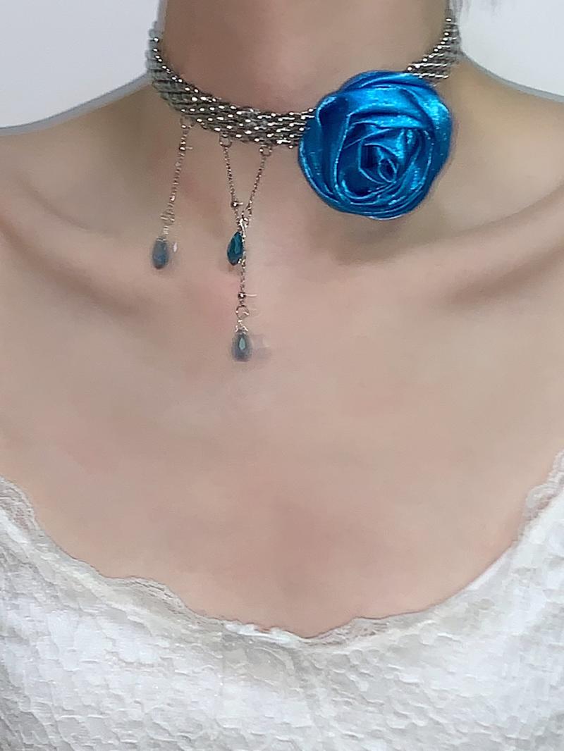 Blue Rose Tassel Choker