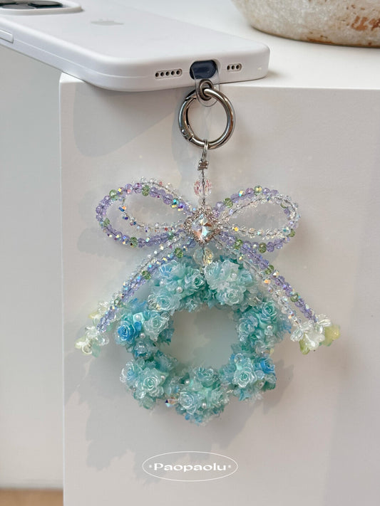 Blue Roses Bow Beaded Phone Charm