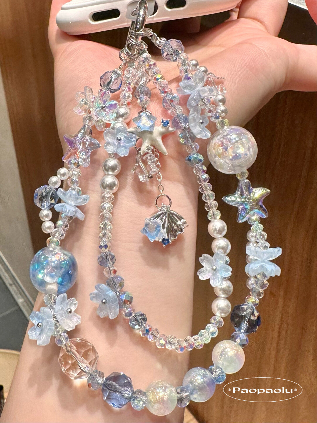 Blue Starfish Double-Layer Beaded Phone Charm