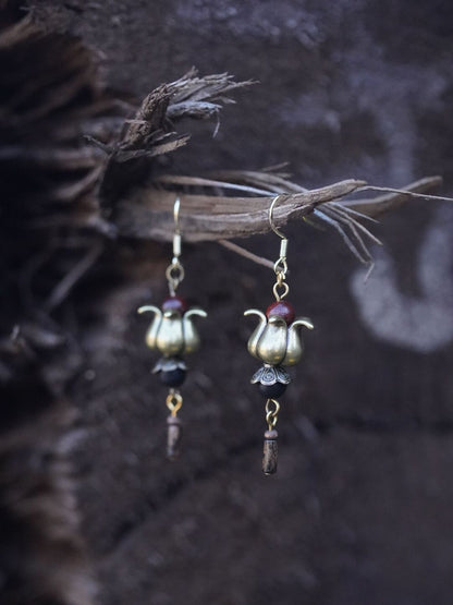 Blue and White Letter Antique Bronze Wooden Earrings