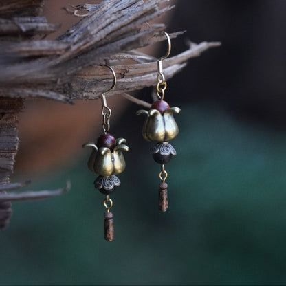 Blue and White Letter Antique Bronze Wooden Earrings