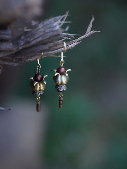 Blue and White Letter Antique Bronze Wooden Earrings