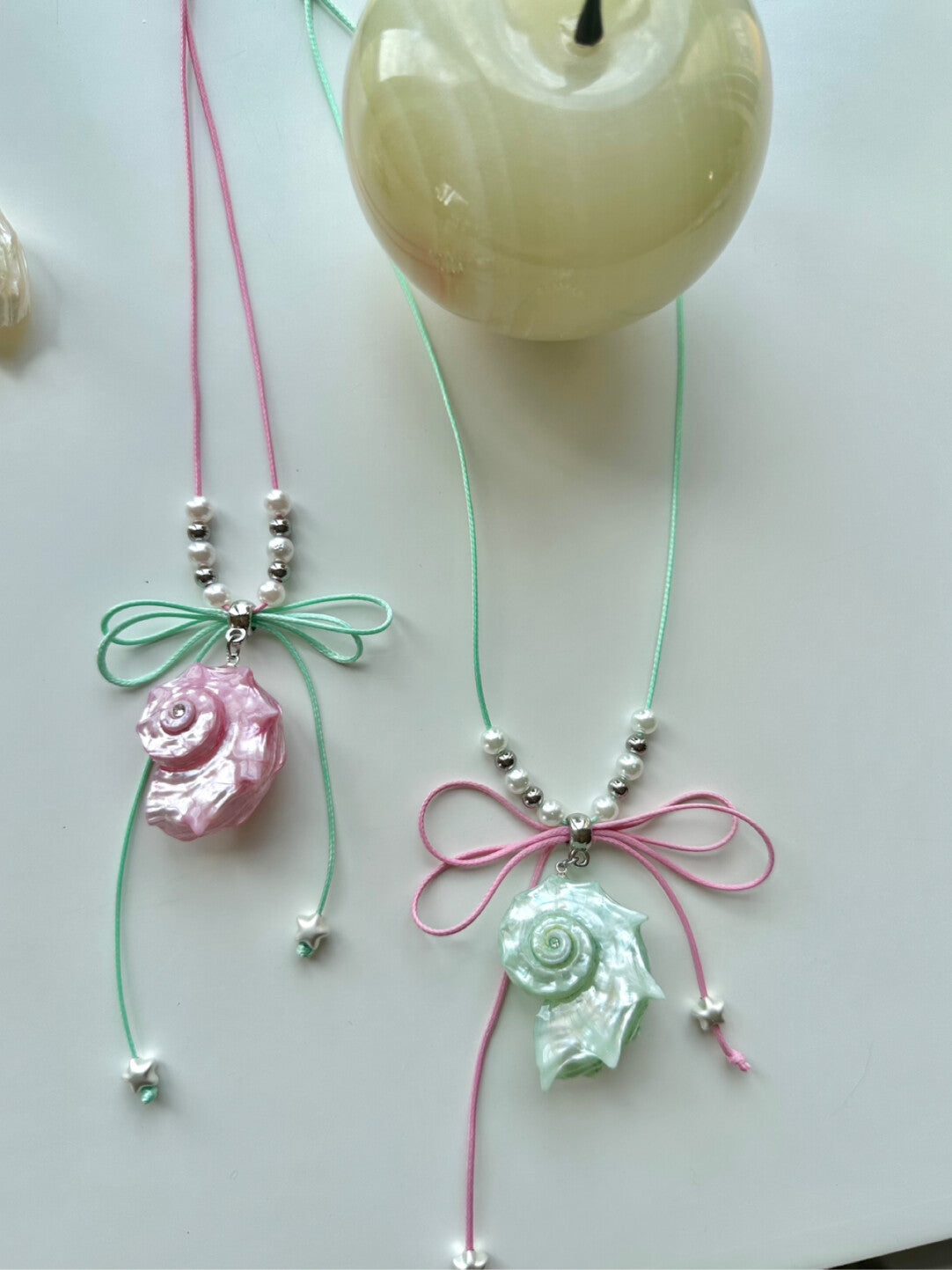 Bow-Tied Pink Mint Conch Necklace