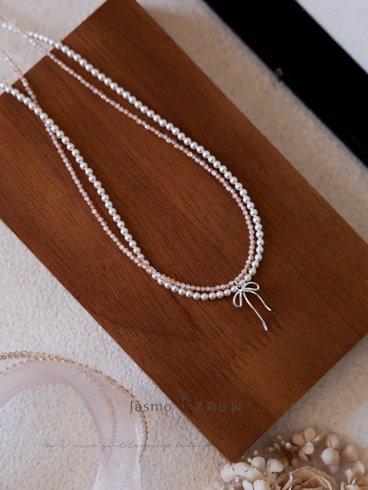 Bow Pendant Double Strand Crystal Pearl Zircon Necklace
