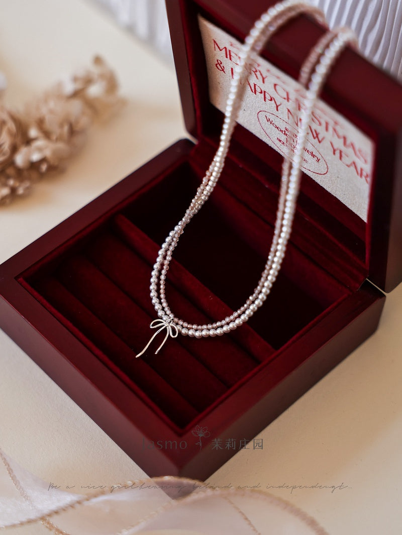 Bow Pendant Double Strand Crystal Pearl Zircon Necklace