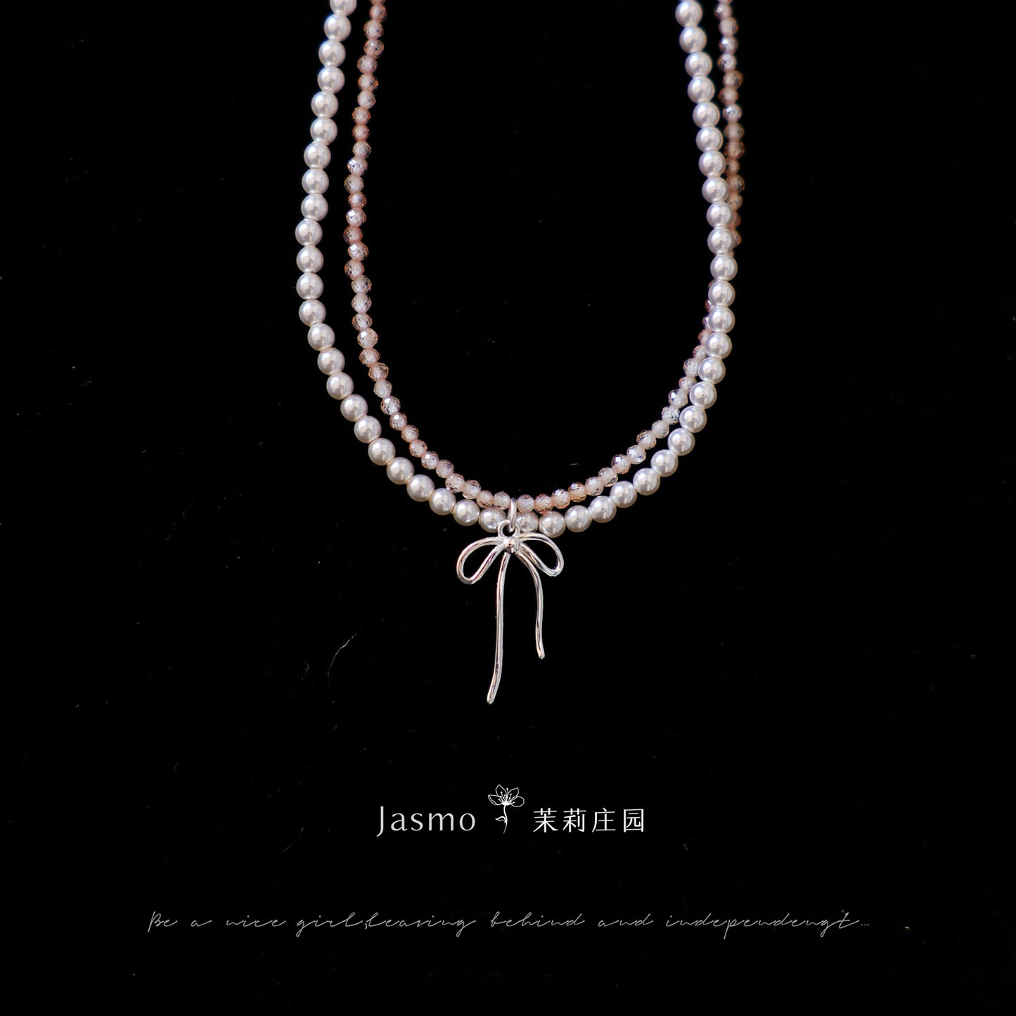 Bow Pendant Double Strand Crystal Pearl Zircon Necklace