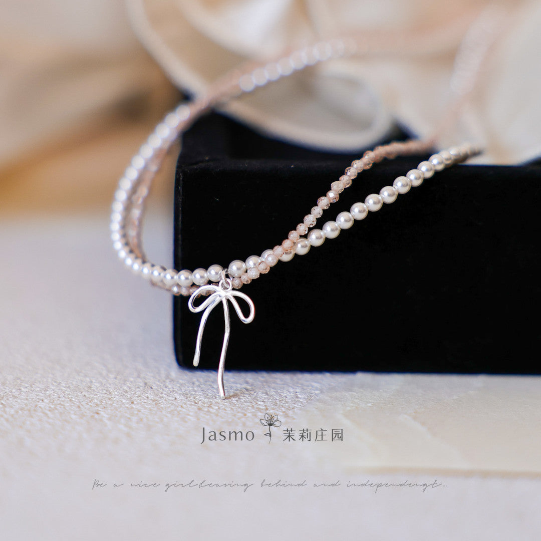 Bow Pendant Double Strand Crystal Pearl Zircon Necklace
