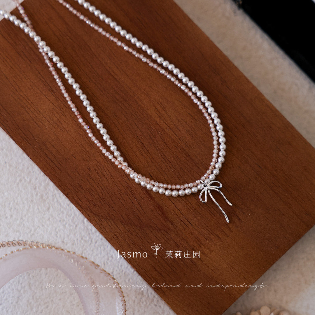 Bow Pendant Double Strand Crystal Pearl Zircon Necklace