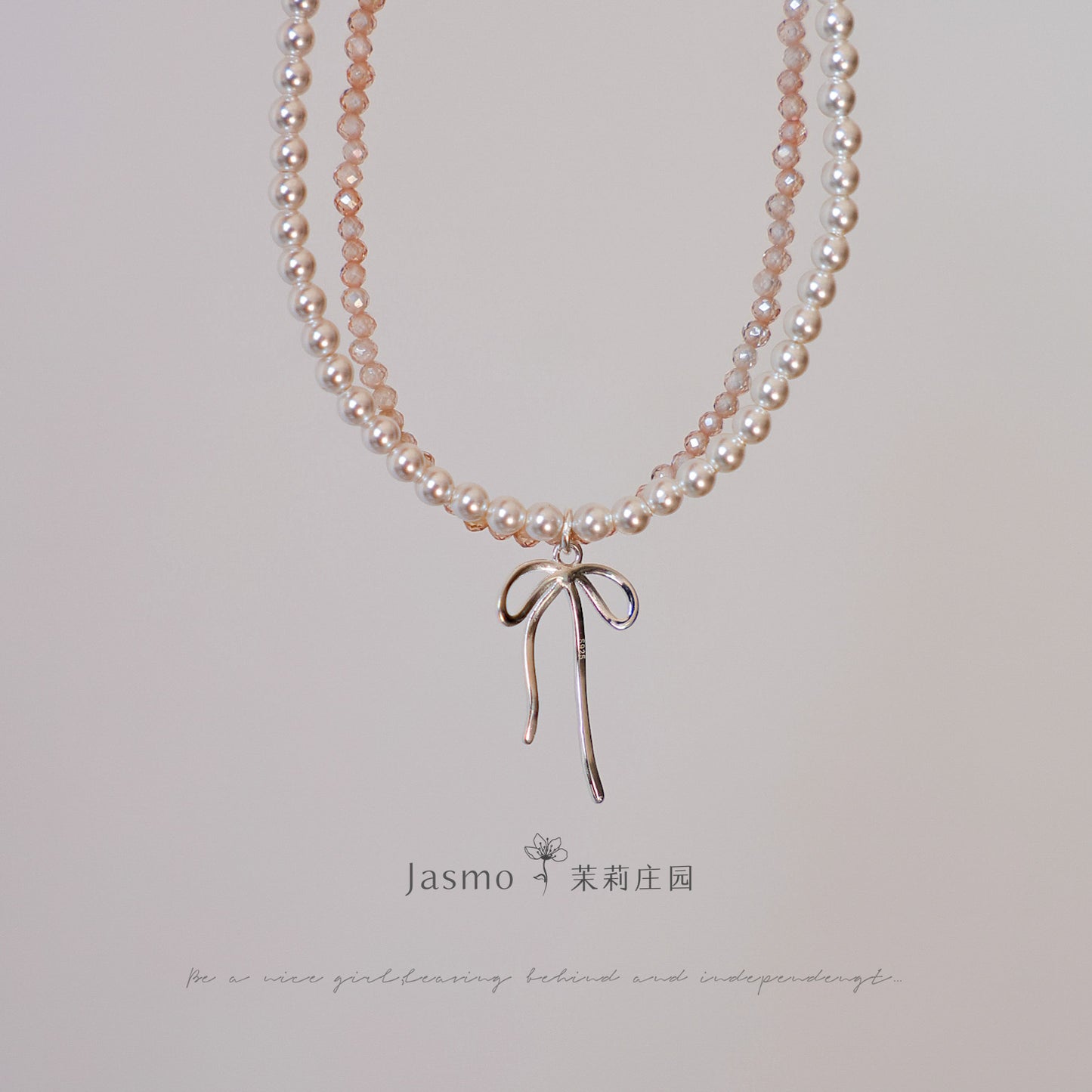 Bow Pendant Double Strand Crystal Pearl Zircon Necklace