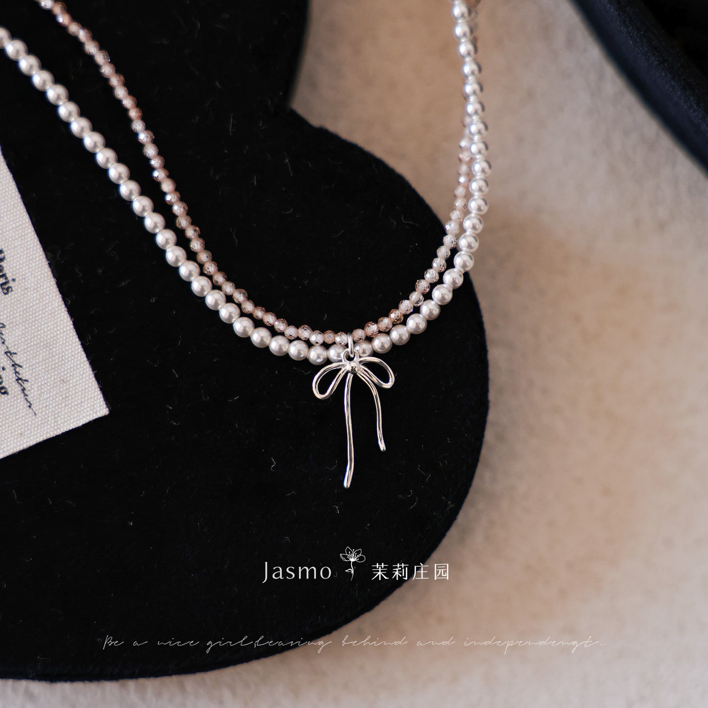 Bow Pendant Double Strand Crystal Pearl Zircon Necklace