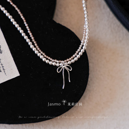 Bow Pendant Double Strand Crystal Pearl Zircon Necklace