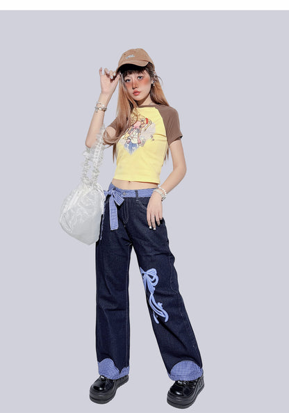 Bow Print Blue Plaid Patchwork Jeans
