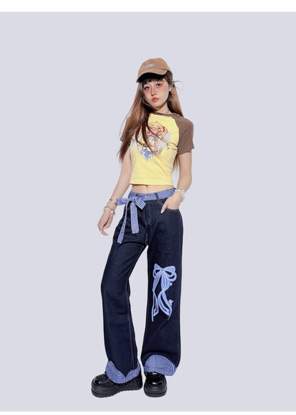 Bow Print Blue Plaid Patchwork Jeans