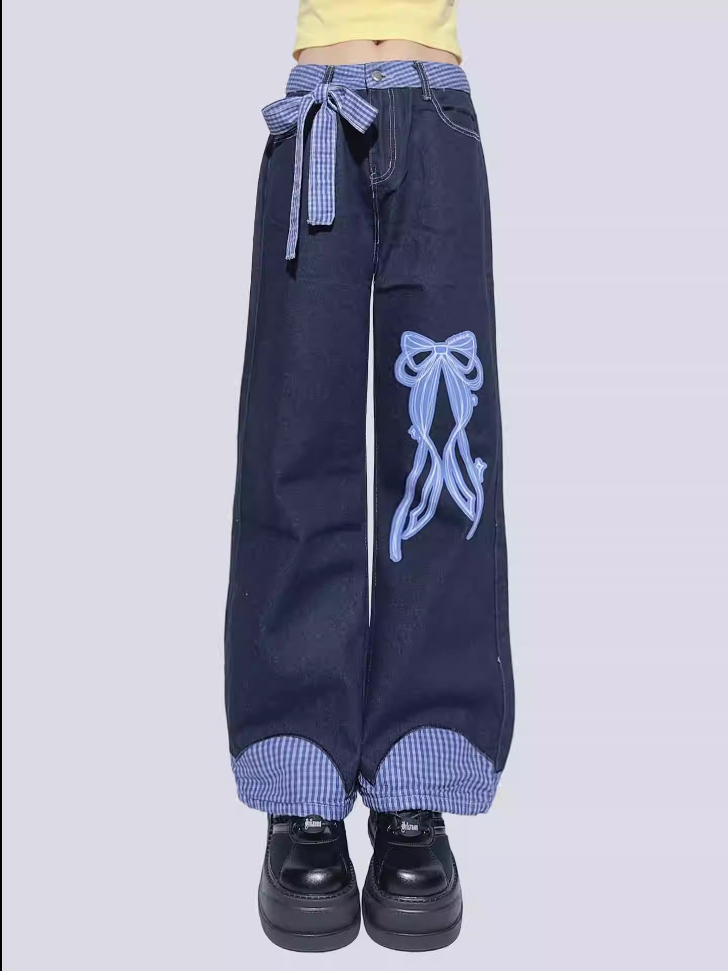 Bow Print Blue Plaid Patchwork Jeans
