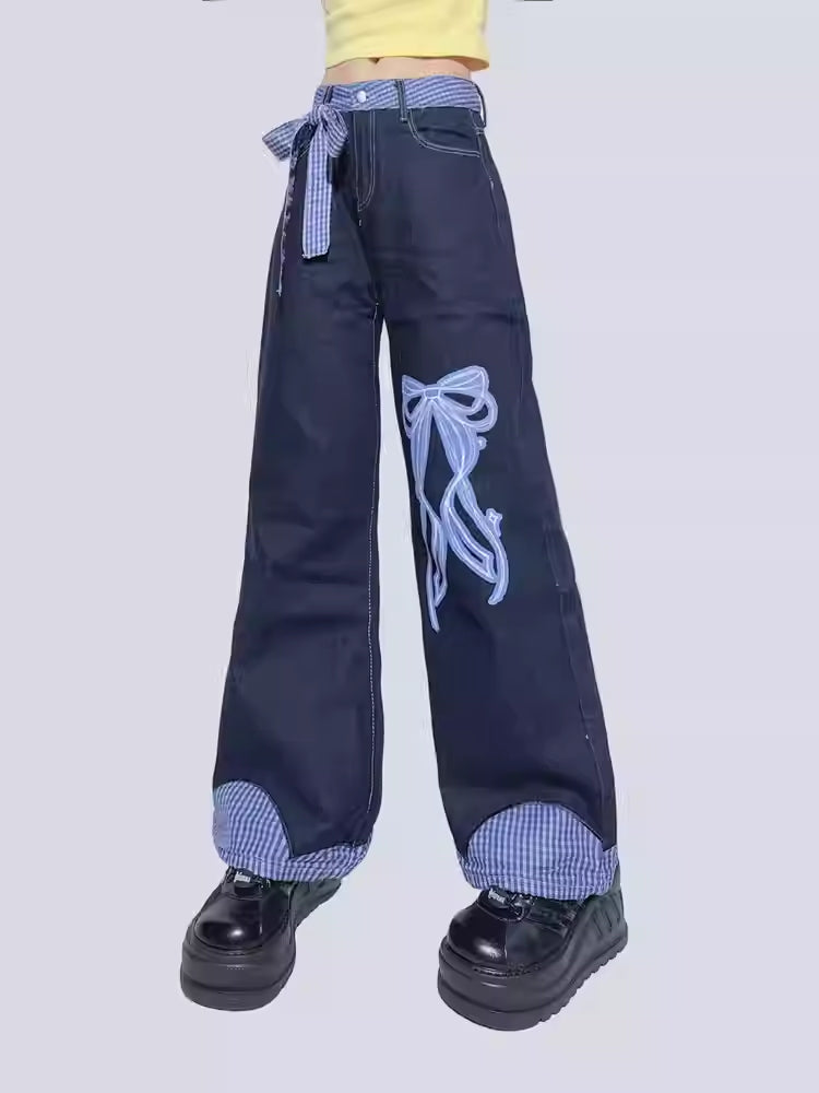 Bow Print Blue Plaid Patchwork Jeans