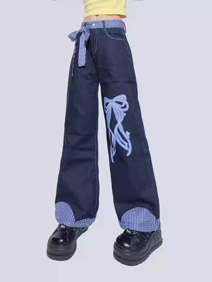 Bow Print Blue Plaid Patchwork Jeans