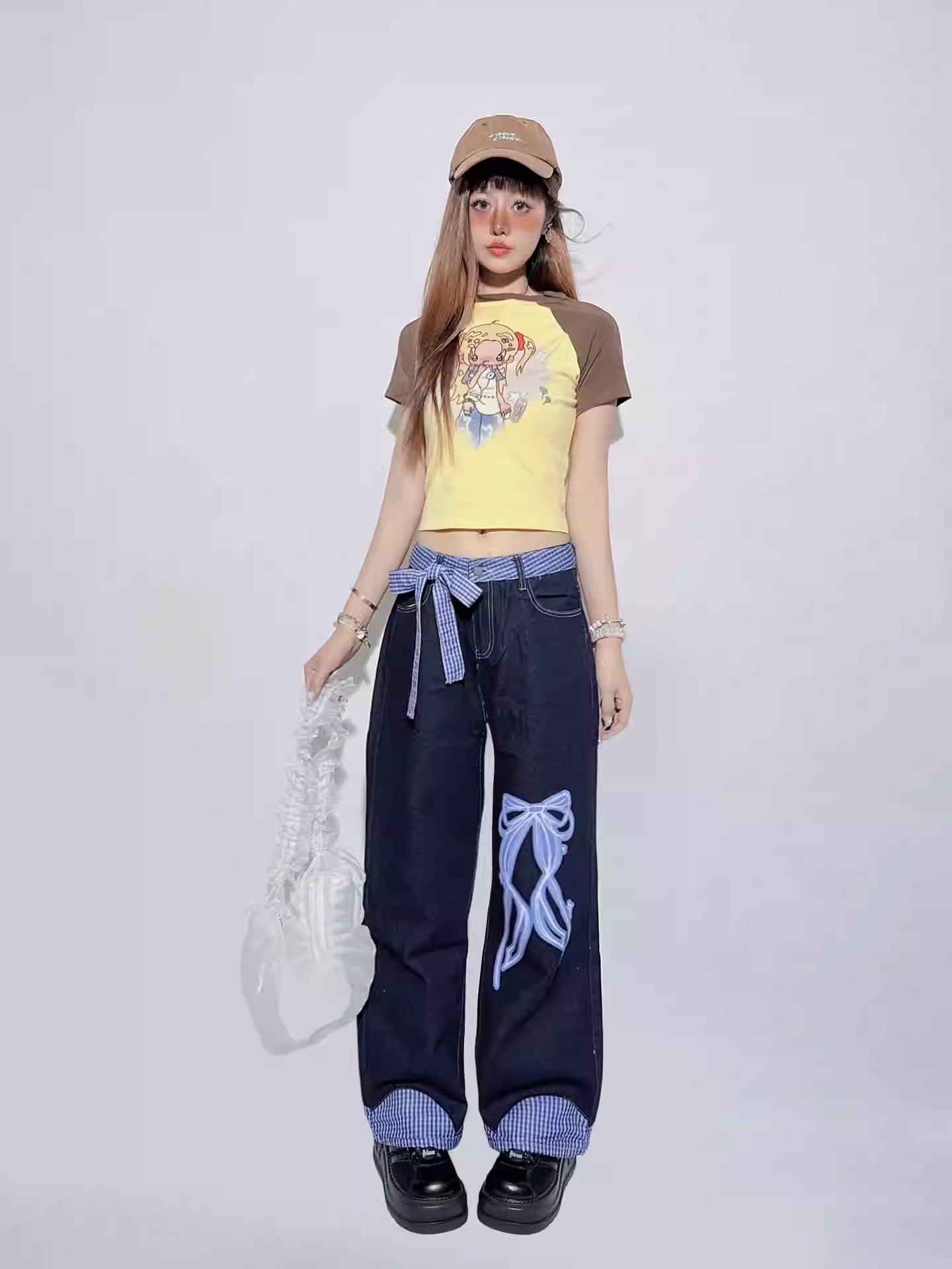 Bow Print Blue Plaid Patchwork Jeans