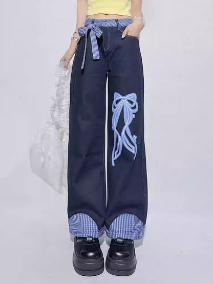 Bow Print Blue Plaid Patchwork Jeans