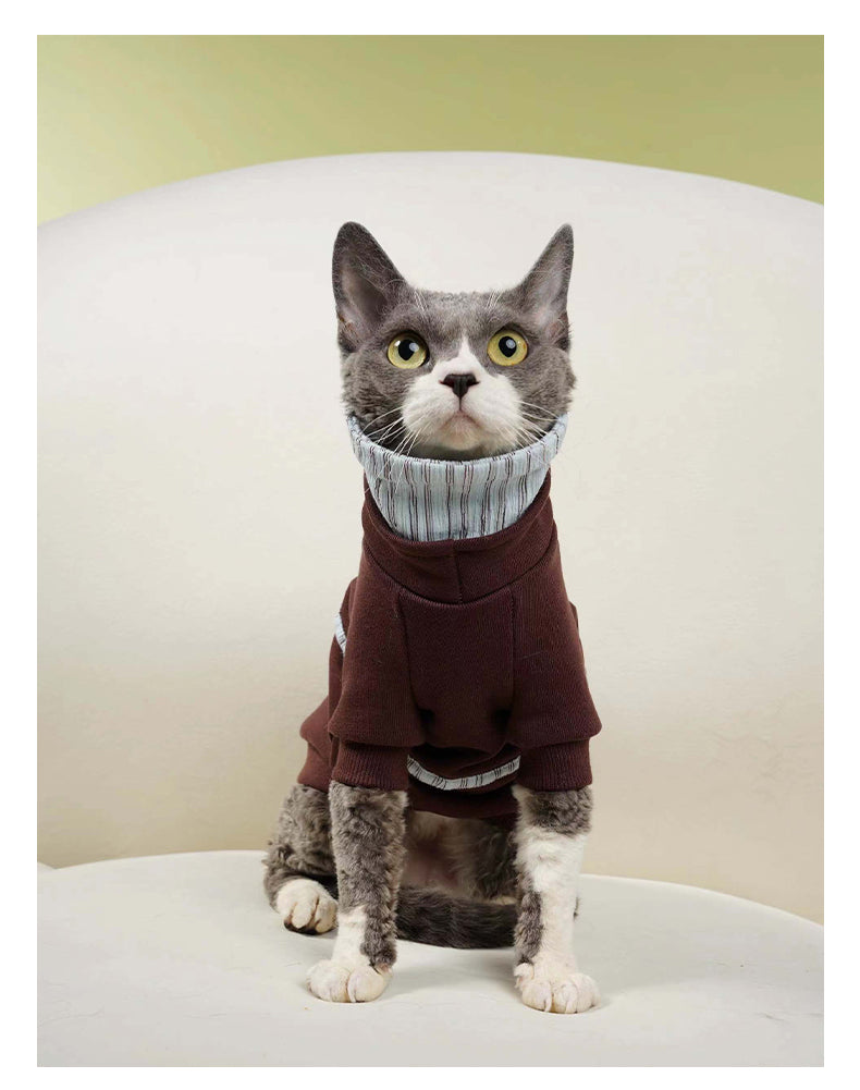 Brown Blue Striped Double Collar Cat Dod Sweatshirt