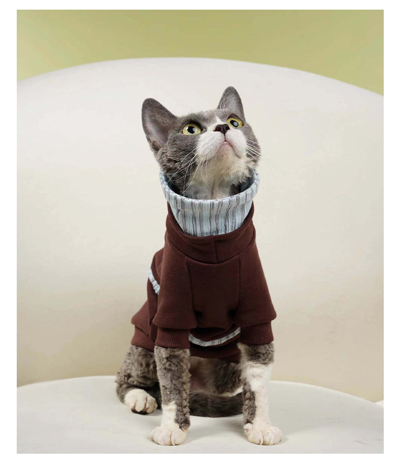Brown Blue Striped Double Collar Cat Dod Sweatshirt