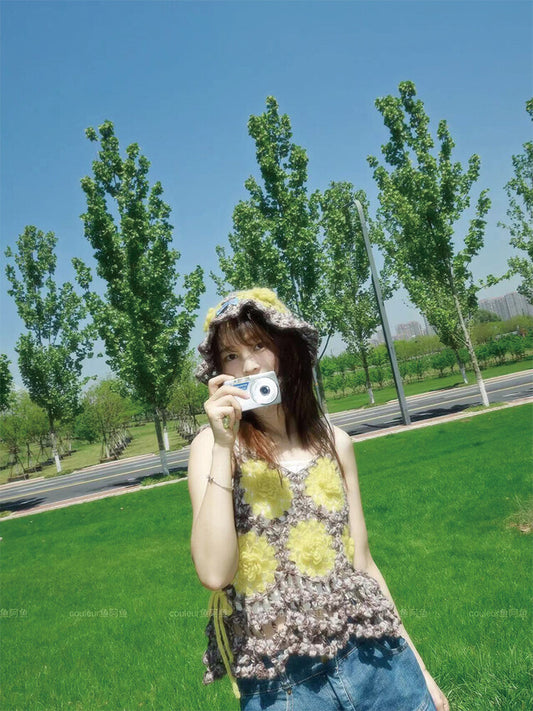 Brown Yellow Flower Tassel Handmade Crochet Top