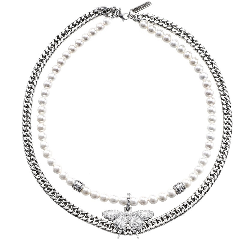 Butterfly Pendant Double Strand Metal Necklace