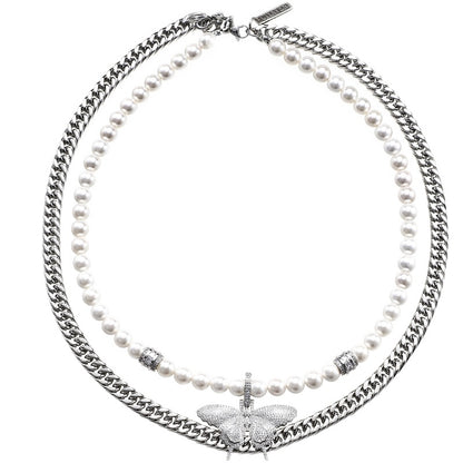 Butterfly Pendant Double Strand Metal Necklace