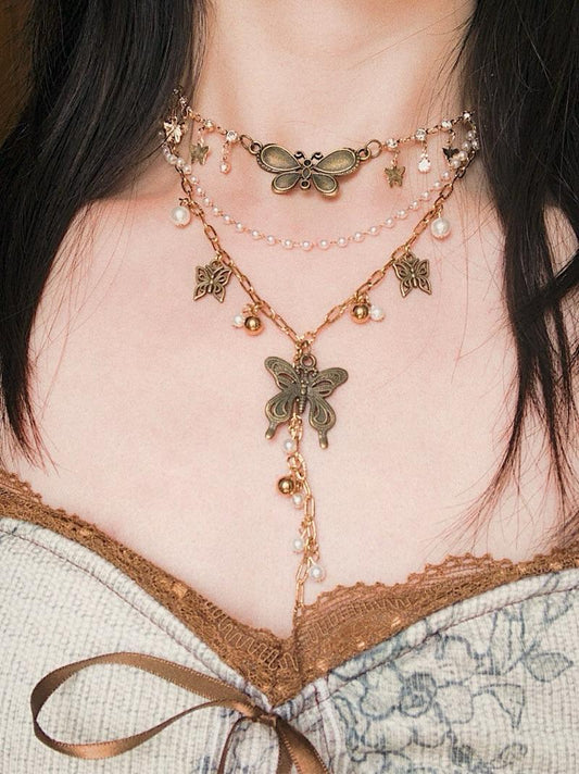 Butterfly Pendant Layered Choker Necklace