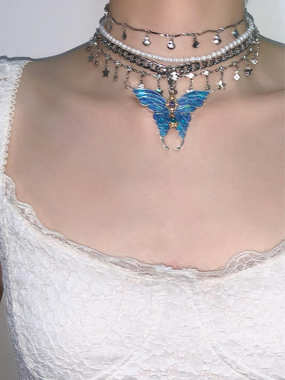 Butterfly Pendant Pearl Layered Choker Necklace