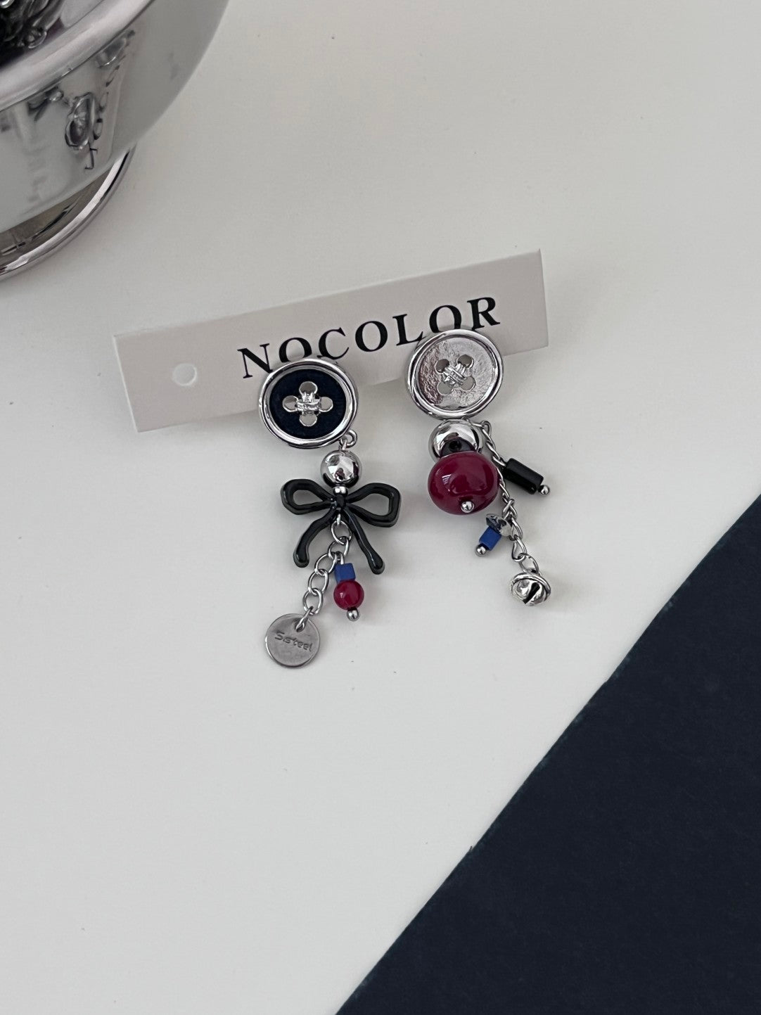 Button Bow Asymmetric Earrings