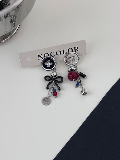 Button Bow Asymmetric Earrings
