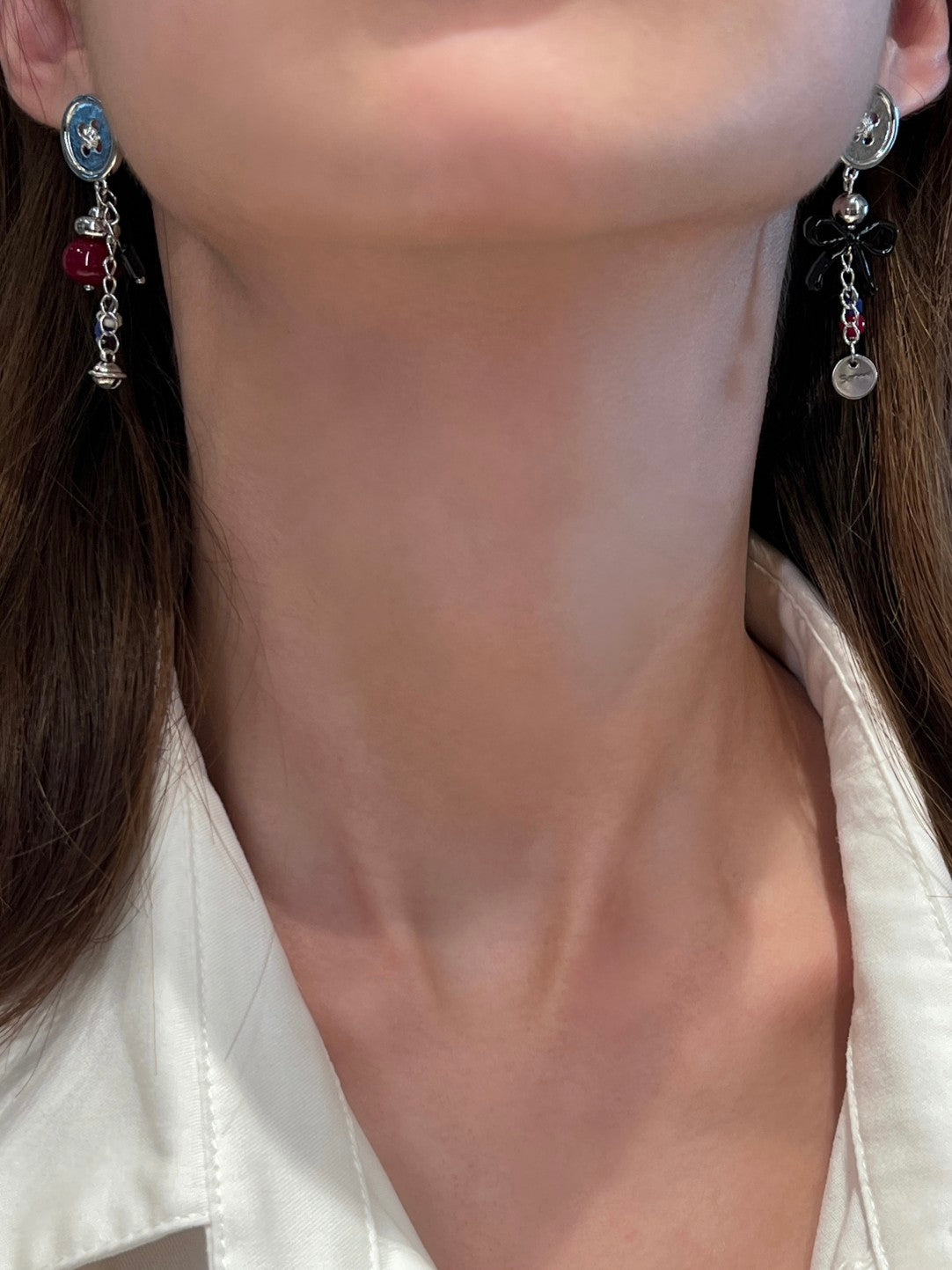 Button Bow Asymmetric Earrings