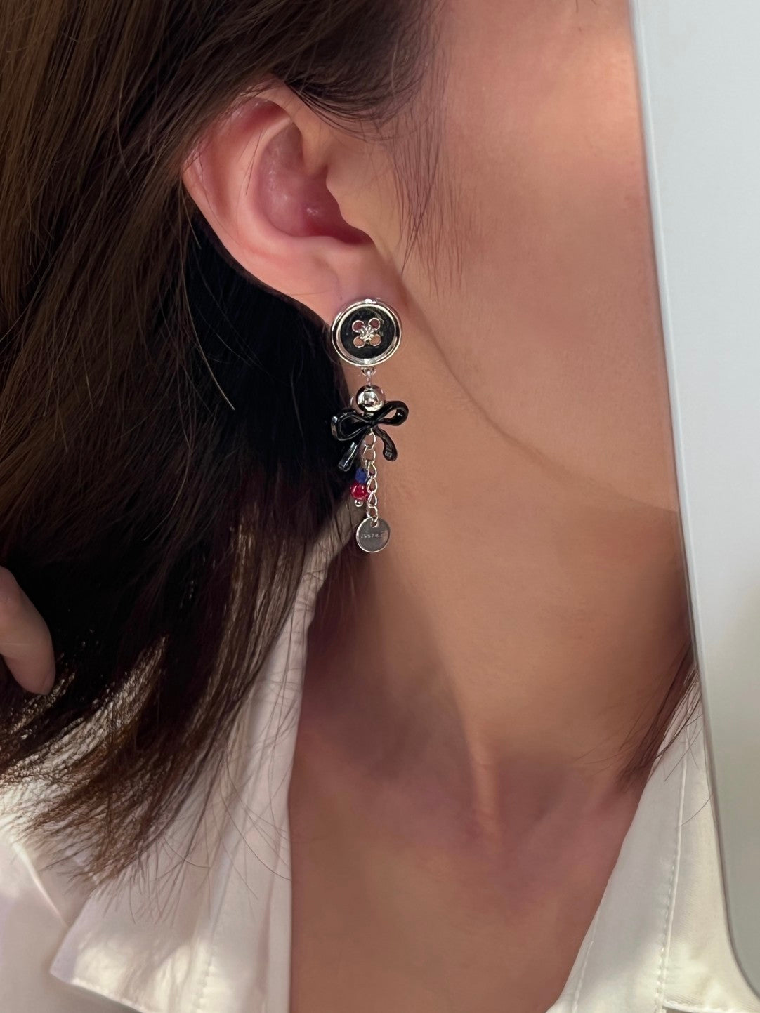 Button Bow Asymmetric Earrings
