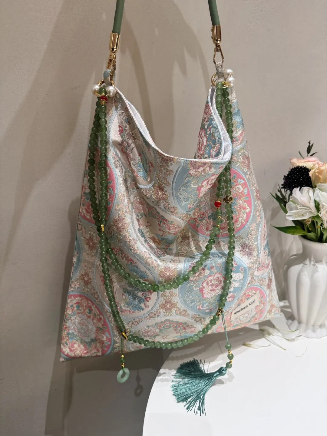 [Chinoiserie] Pink Flower Crane Beaded Tassel Silk Bag