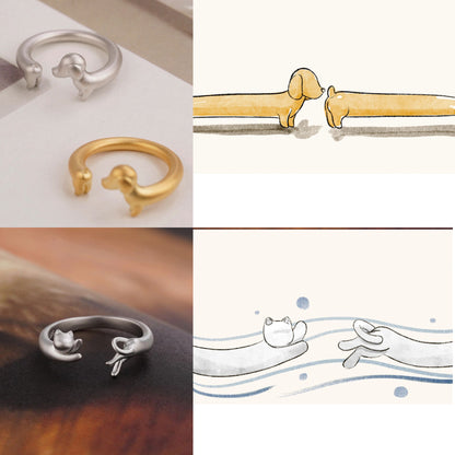 Cat Dog Couple Open-end Rings Set