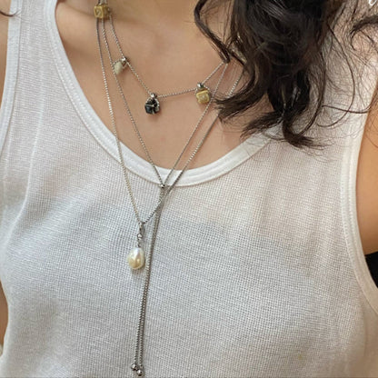 Ceramic Square Bead Stacked Titanium Steel Necklace