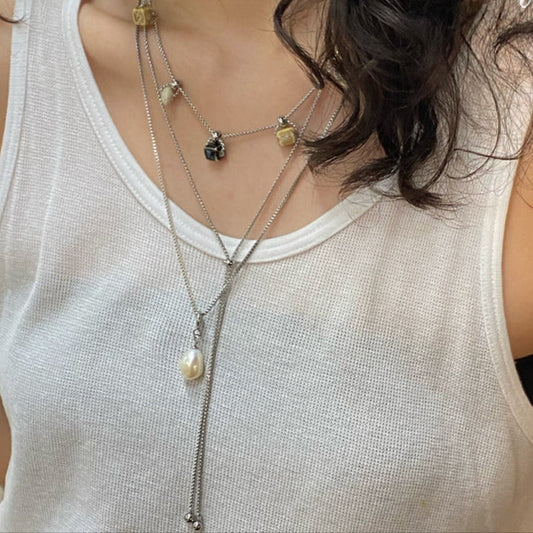 Ceramic Square Bead Stacked Titanium Steel Necklace