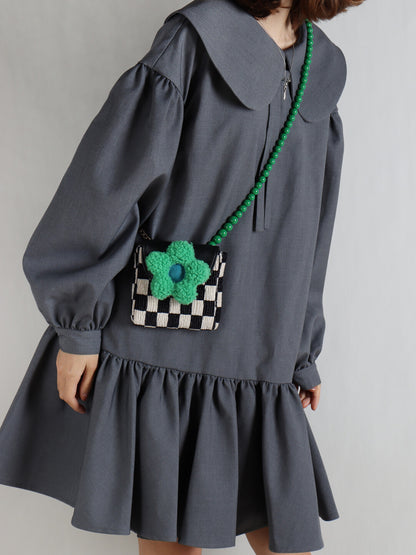 Checkerboard Green Flower Beaded Crossbody Bag