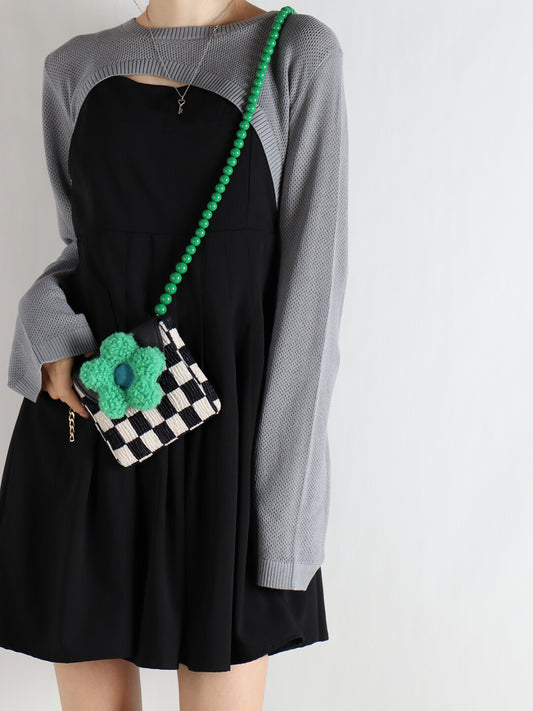 Checkerboard Green Flower Beaded Crossbody Bag